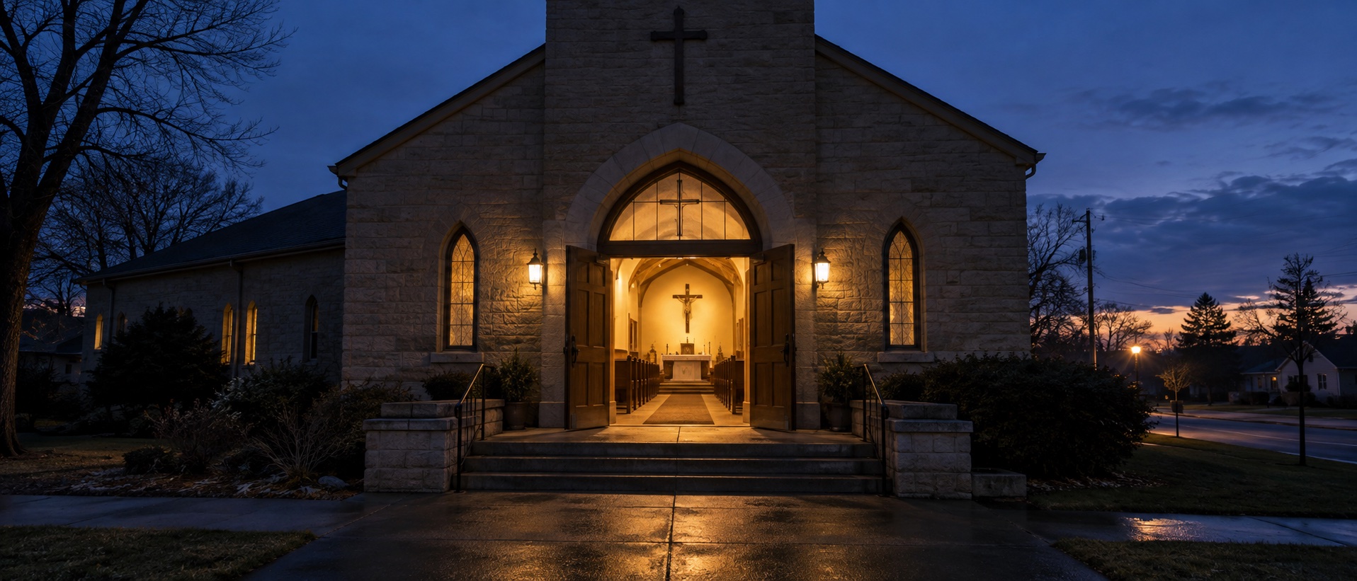 Church doors open at 5am, warm light into the dark