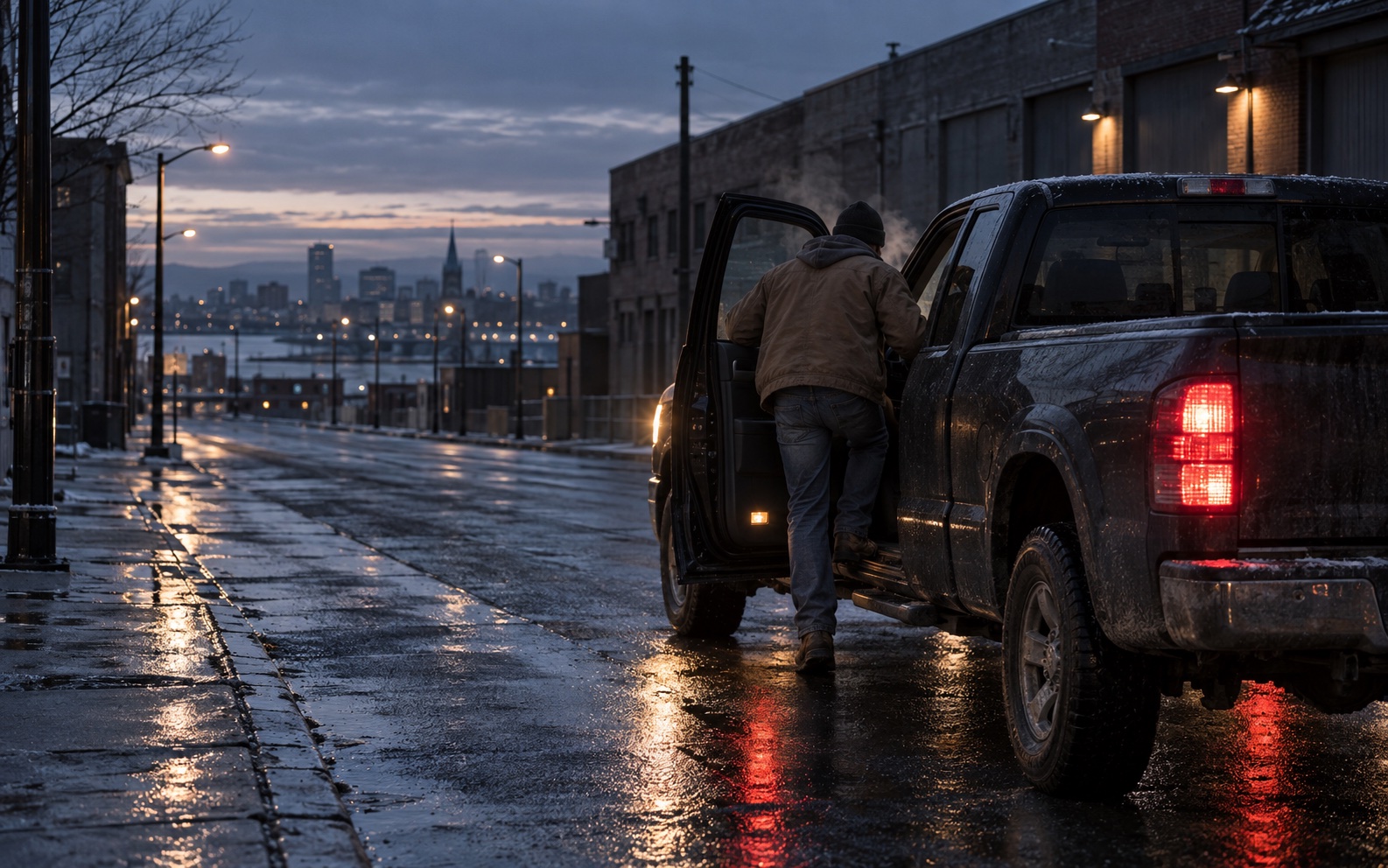 Work truck, dark street, before dawn