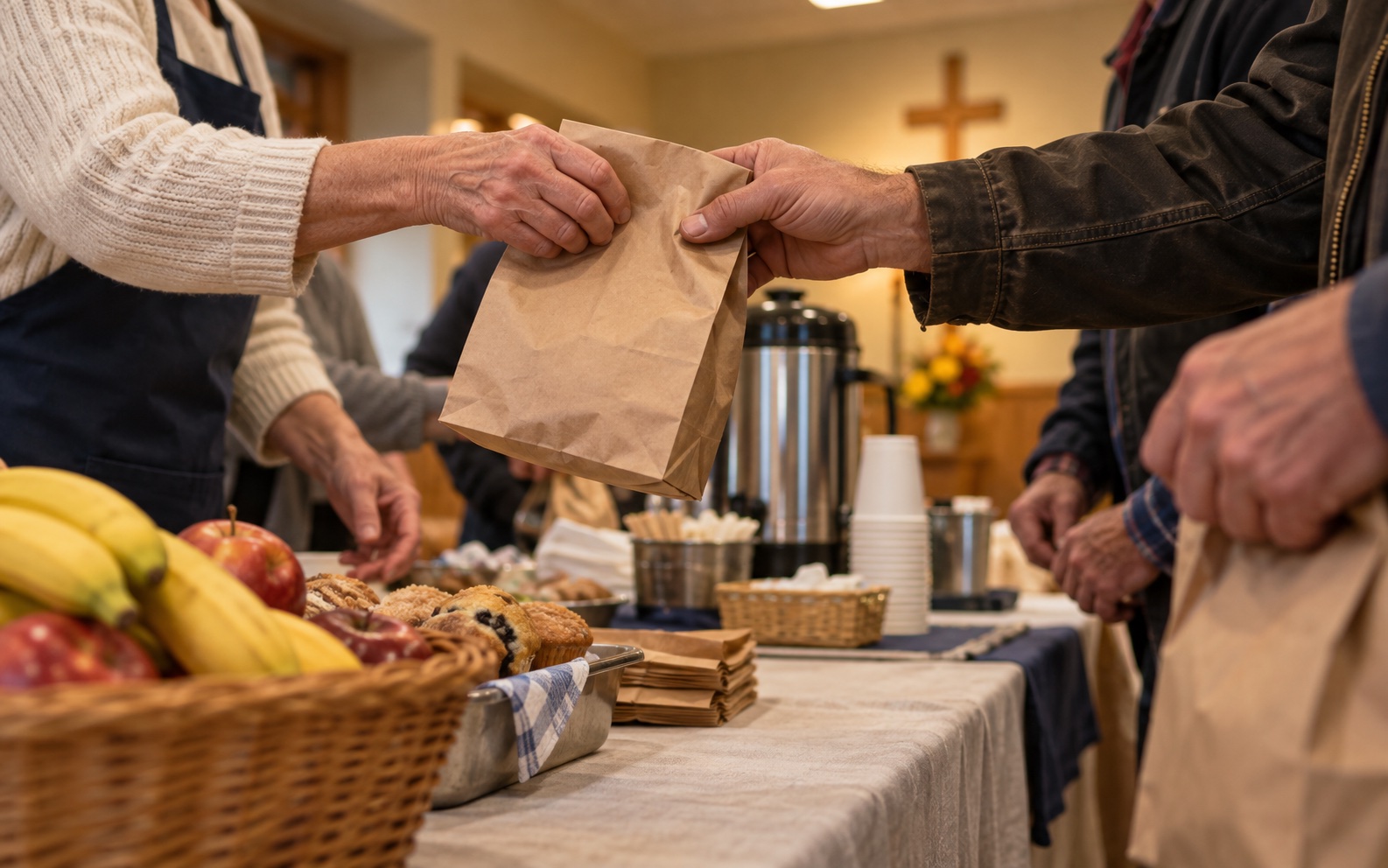 Breakfast bag passed hand to hand