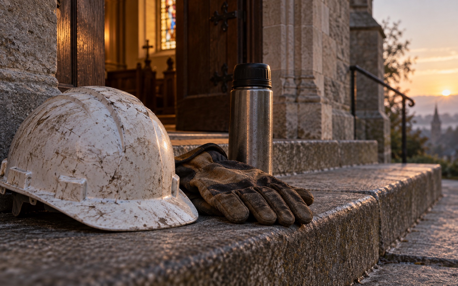 Hard hat and gloves resting on a pew step