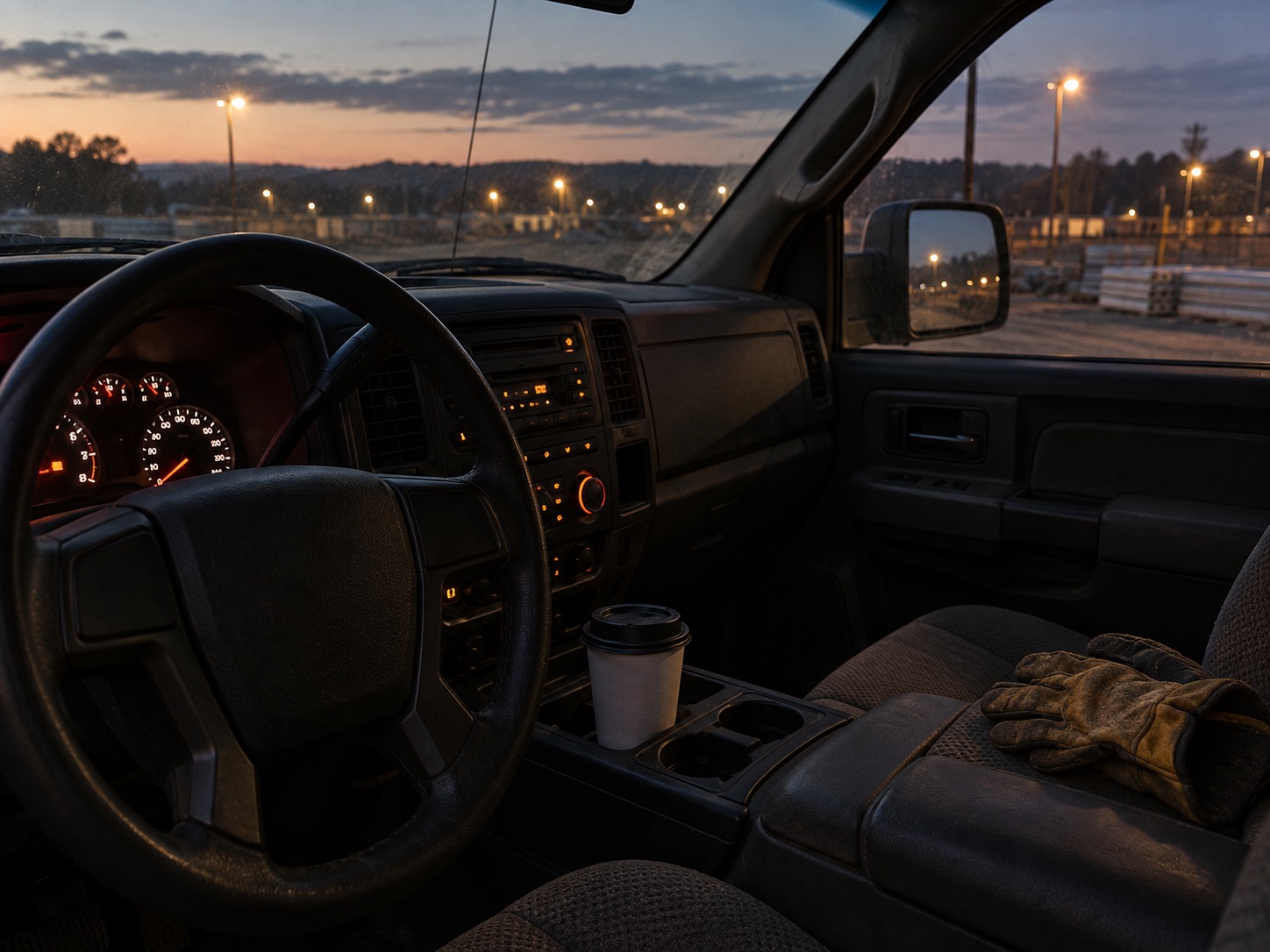Dark truck cab, dashboard clock, coffee before dawn