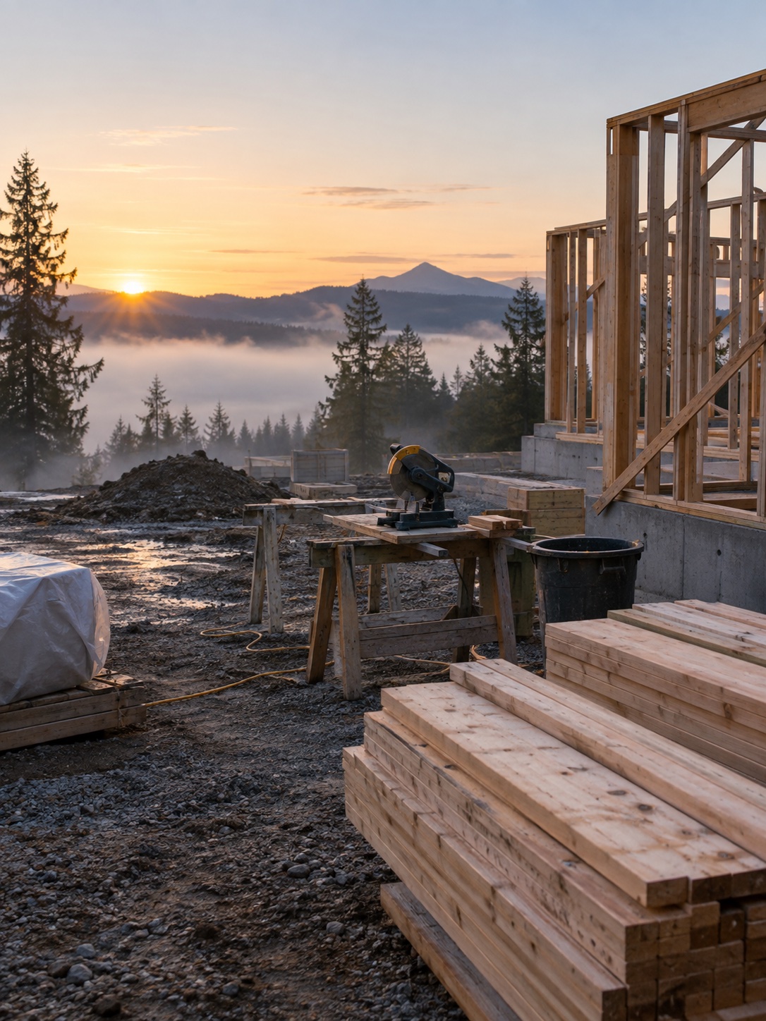 Empty job site at first light, tools staged for the day
