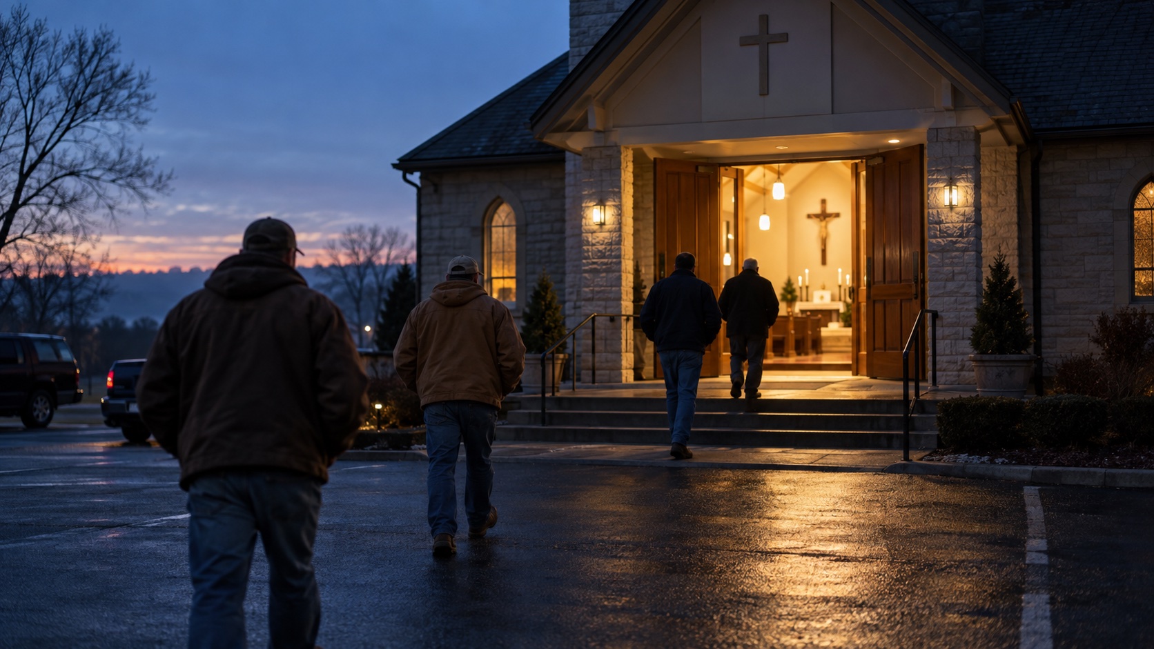 Parish doors open, warm light against the dark, men walking in