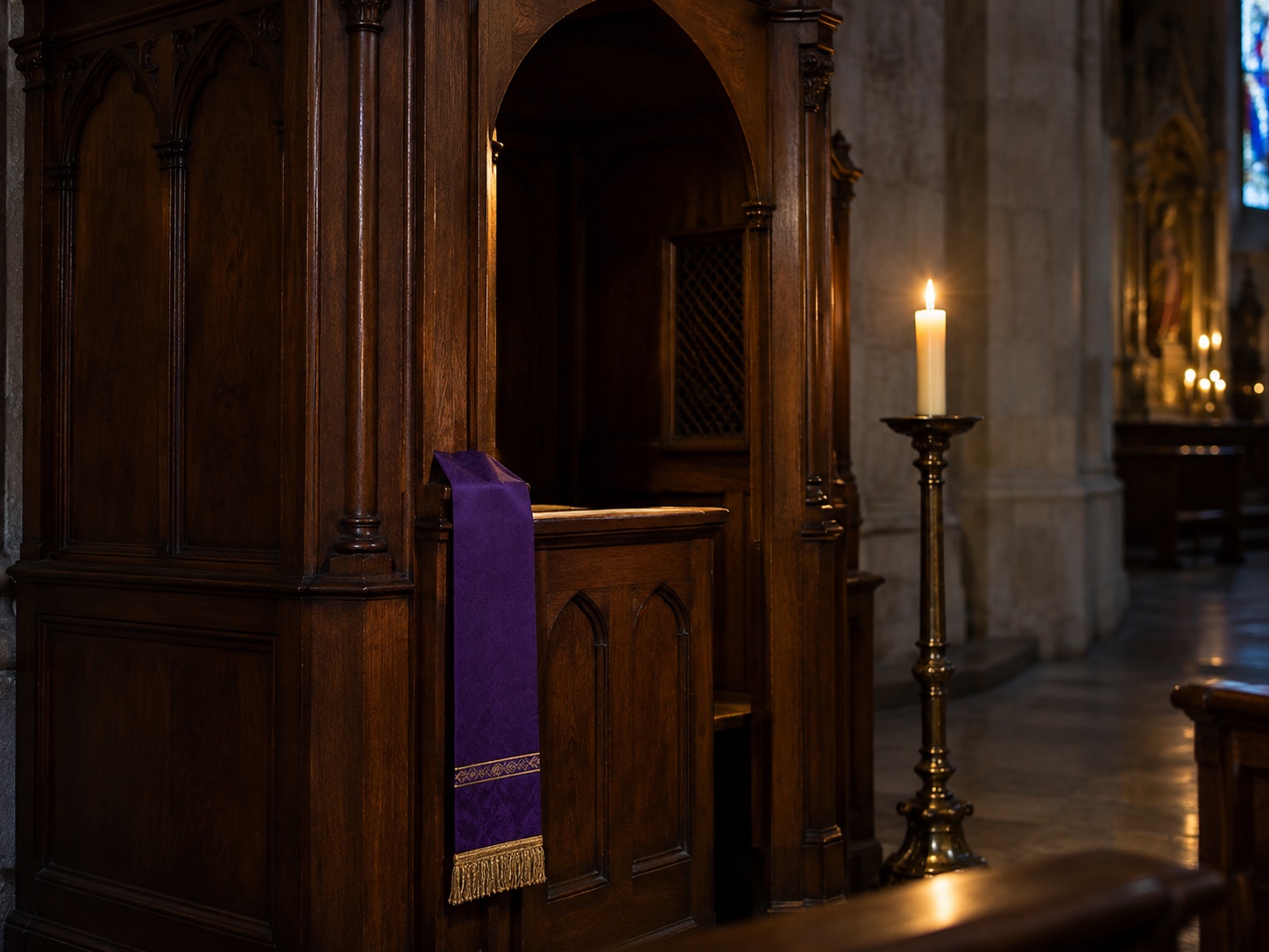 Confessional, candlelight, priest's stole visible