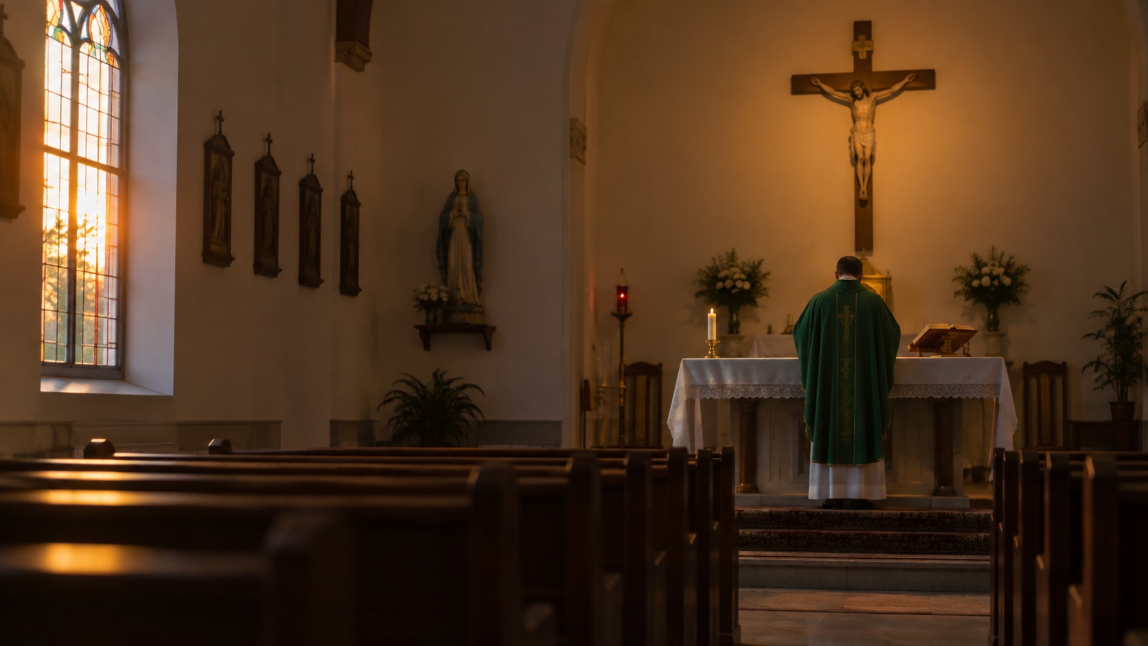Altar during the early Mass, dawn light through a side window