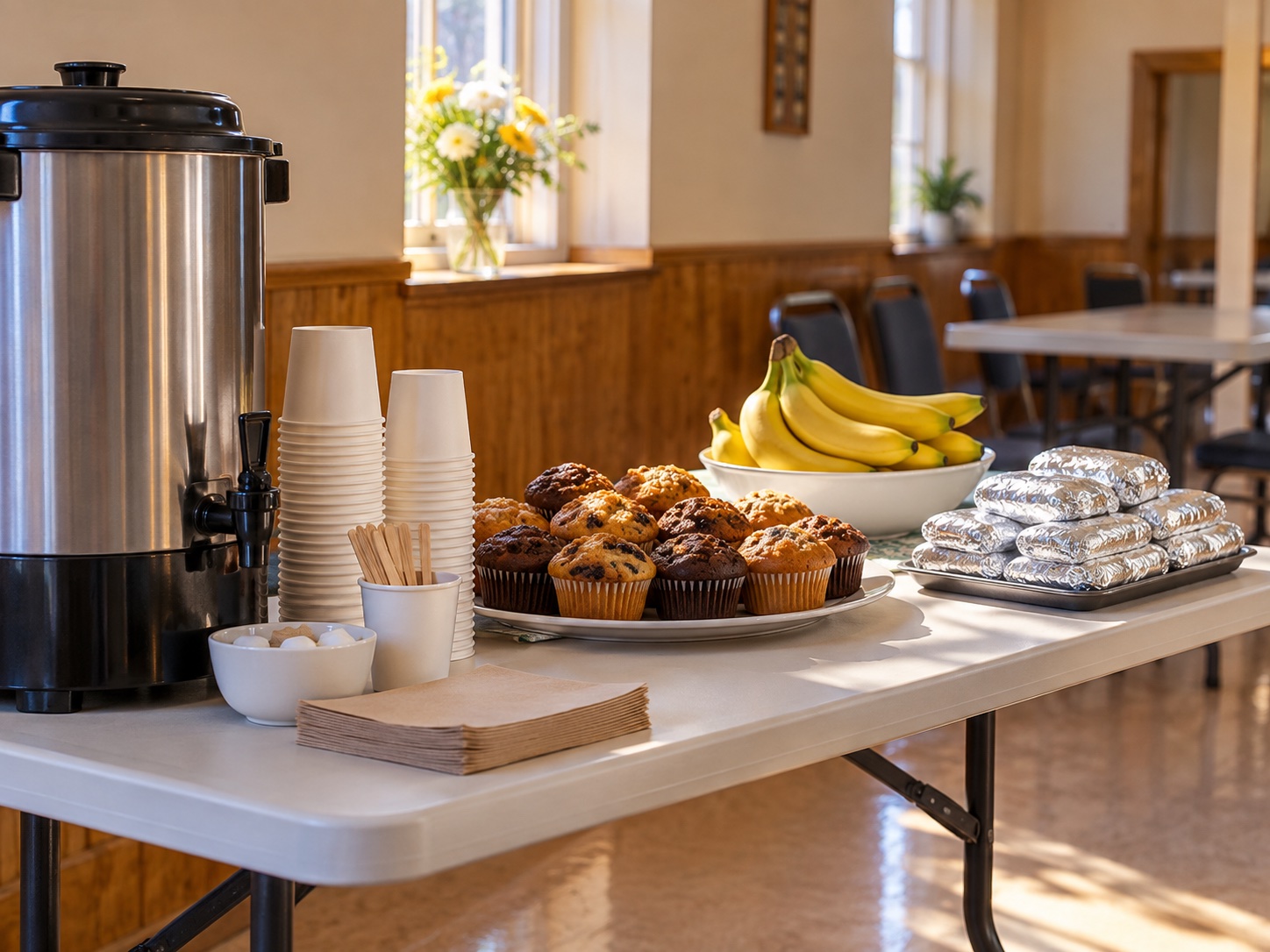 Coffee urn and grab-and-go breakfast in the parish hall