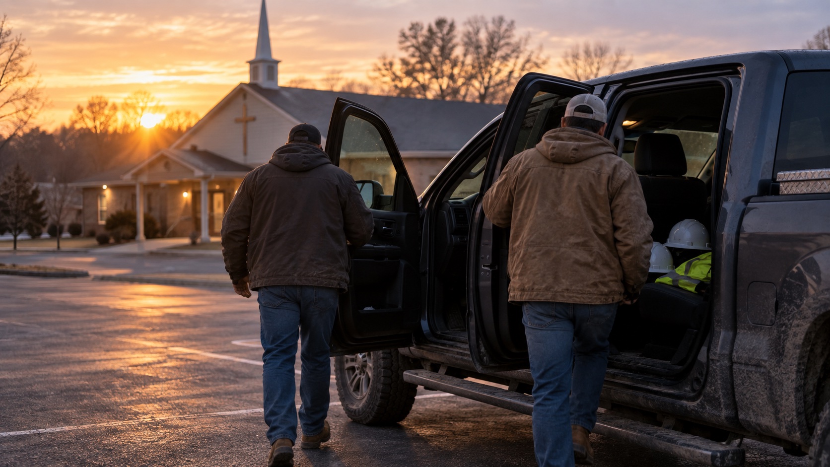 Two men loading into a work truck, hardhats on the seat